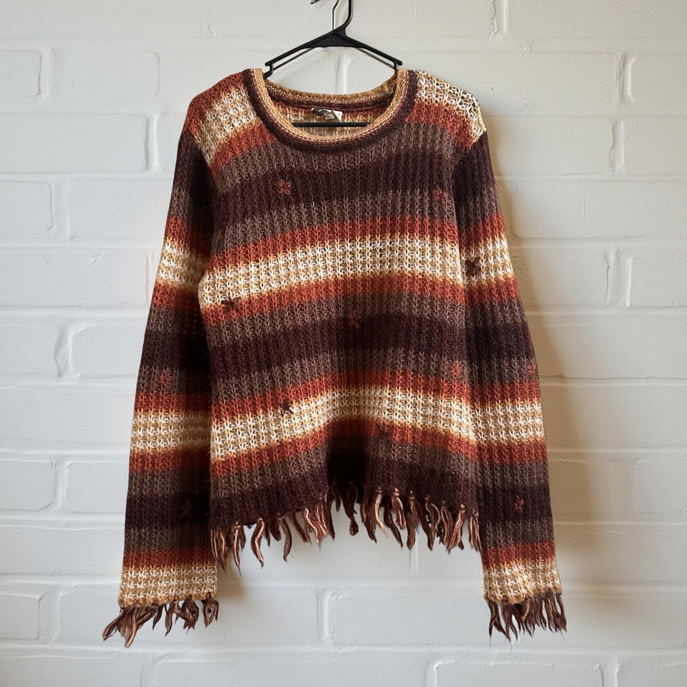 Vintage Twiggy Brown Fringe Mohair Embroidered Sweater